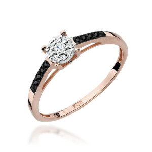 Kihlasõrmus. Rose gold ring with a cluster of diamonds at the center and black stones along the band.