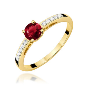 Kihlasõrmus. Gold ring with a red gemstone centerpiece and small diamonds along the band, jewelry gift style.