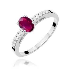 Kihlasõrmus. Ring with an oval deep-pink gemstone in a prong setting and small diamonds along the band on a silver metal ring.