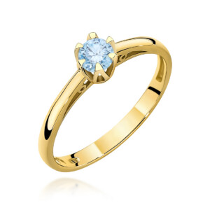 Kihlasõrmus. Gold solitaire ring with a round blue gemstone held by six prongs on a polished band
