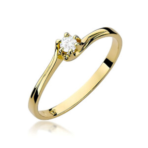 Yellow-gold solitaire ring with a round-cut diamond held by prongs on a curved band