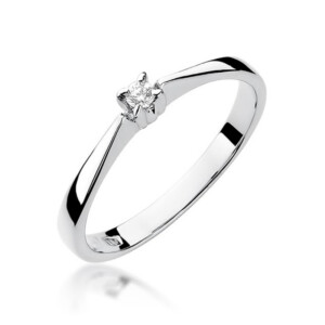 Solitaire diamond ring with a polished silver-tone band on a white background, centered on the diamond centerpiece.