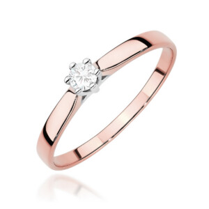 Kihlasõrmus. Rose gold solitaire engagement ring with a round diamond held by prongs on a polished band