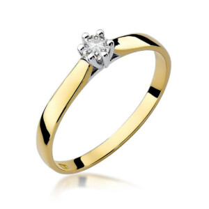 Kihlasõrmus. Gold ring with a single round diamond in a six-prong setting on a polished yellow-gold band.