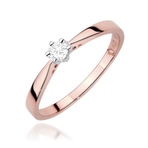 kihlasõrmus. Rose gold solitaire engagement ring with a round diamond in a six-prong setting to the side of the band Or