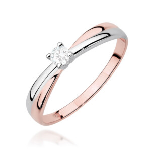 Kihlasõrmus. Two-tone rose gold and silver ring with a round diamond solitaire on a prong setting.