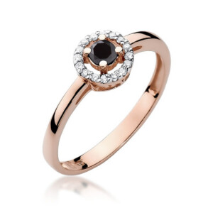 Kihlasõrmus. Rose gold ring with a black center gem surrounded by a diamond halo.