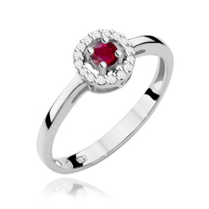 Kihlasõrmus. Silver ring with a central red gemstone encircled by small diamonds in a halo, on a polished band.