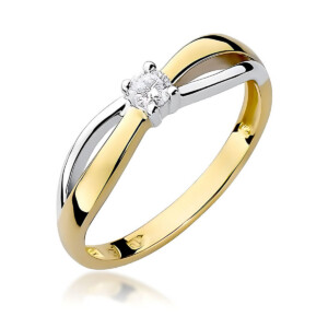 Kihlasõrmus. Two-tone gold and silver ring with a small diamond solitaire setting on a slim band