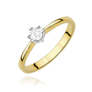 Kihlasõrmus. Gold solitaire ring with a round diamond set in six prongs on a polished yellow-gold band