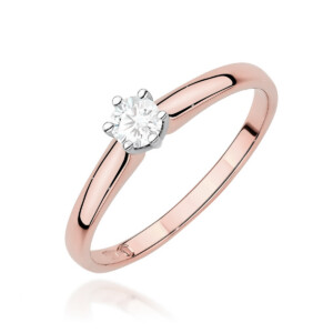 Kihlasõrmus. Rose gold ring with a round-cut diamond solitaire in a six-prong setting on a polished band.