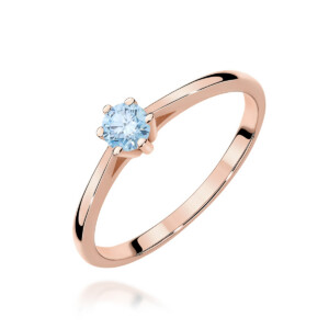 Kihlasõrmus. Rose gold solitaire ring with a round light-blue gemstone held by six prongs in a prong setting