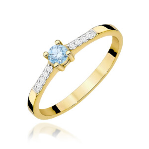 Kihlasõrmus. Gold ring with a round blue center stone in four-prong setting, band encrusted with small diamonds on both sides