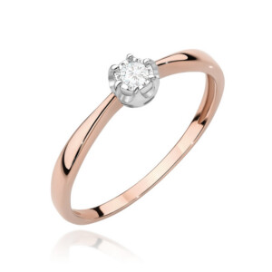 Kihlasõrmus. Rose gold ring with a single round diamond in a silver-toned floral prong setting