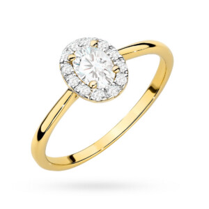 Kihlasõrmus. Gold ring with a round center diamond surrounded by a halo of smaller diamonds.