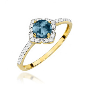 Kihlasõrmus. Rings: A yellow-gold band with a blue round gemstone center surrounded by a halo of small diamonds.
