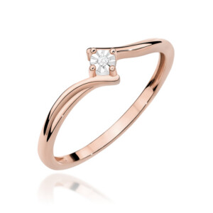 Kihlasõrmus. Rose gold engagement ring with a single diamond in a four-prong setting on a curved band.