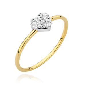 Kihlasõrmus. Gold two-tone ring with a heart-shaped cluster of small diamonds on the top, minimalist band design