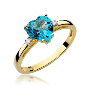 W0012 Yellow Swiss 12ct 1-kihlasormus - Abielusõrmused.com Kihlasõrmus. Gold ring with a blue heart-cut center stone and small side diamonds on a slim band.