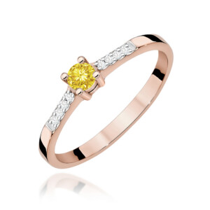 Kihlasõrmus. Rose gold ring with a yellow center gemstone and diamond-accented band.