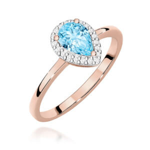W0455 Rose Swiss 12ct 1-kihlasormus - Abielusõrmused.com Kihlasõrmus. Rose gold ring with a pear-shaped blue gemstone surrounded by a halo of diamonds on a polished band