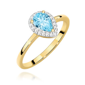 W0455 Yellow 09ct 1-kihlasormus - Abielusõrmused.com Kihlasõrmus. Gold ring with a pear-shaped blue gemstone surrounded by a halo of small diamonds on a polished band